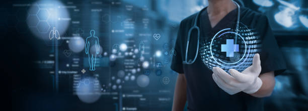 medical technology. doctor holding health icon with dna, electronic medical record. digital healthcare and research with global network connection on hologram virtual screen, insurance, digital health technology - 医疗 個照片及圖片檔