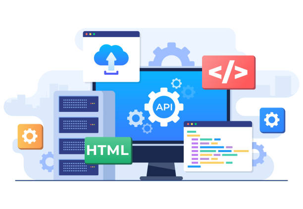 application programming interface concept, api provides the interface for communication between applications, software development tool, internet and networking, simplifying application integration - 软件系统 幅插畫檔、美工圖案、卡通及圖標