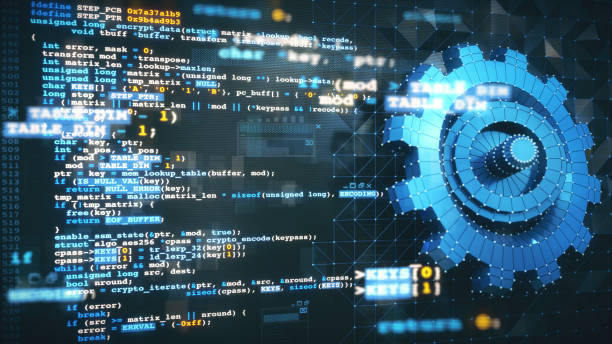 virtual reality computer design and development concept with c/c++ programming language code, computer data and a blue 3d mesh gear model blueprint. - 系统软件 個照片及圖片檔