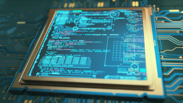 close up on a micro-processor chip and circuit design with a digital display showing programming language code and infographics. - 系统软件开发 個照片及圖片檔