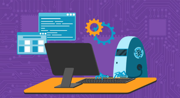 automated work of software, business project development, robot using keyboard at table - 系统软件开发 幅插畫檔、美工圖案、卡通及圖標